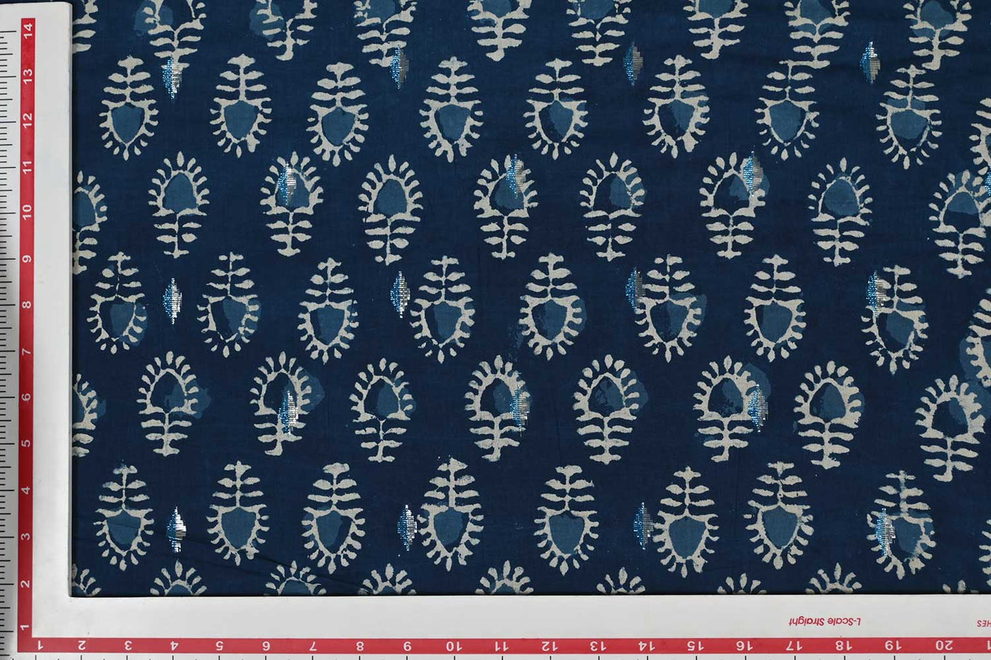 Blue & White Motifs Cotton Cambric Lurex Fabric