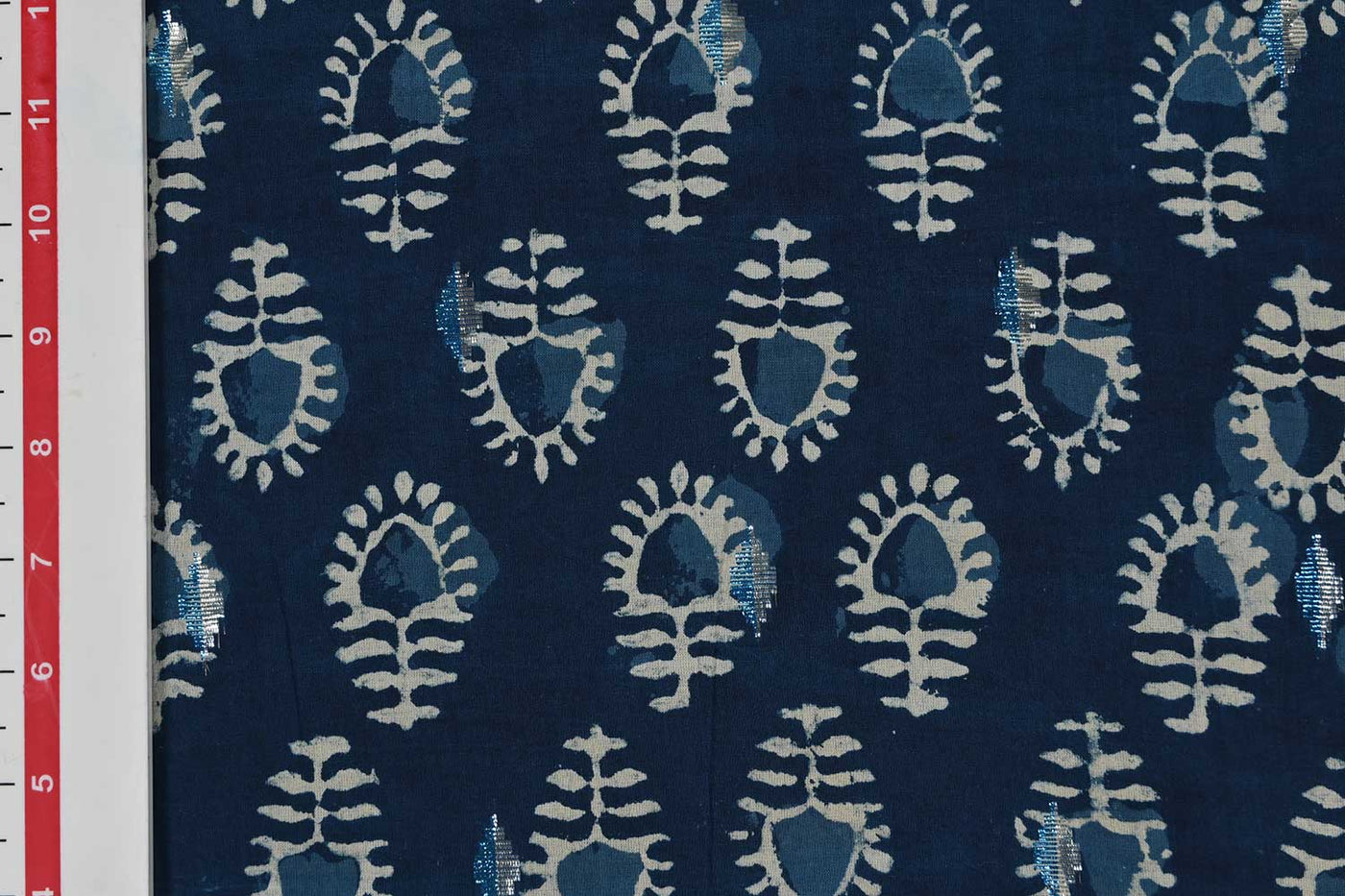 Blue & White Motifs Cotton Cambric Lurex Fabric