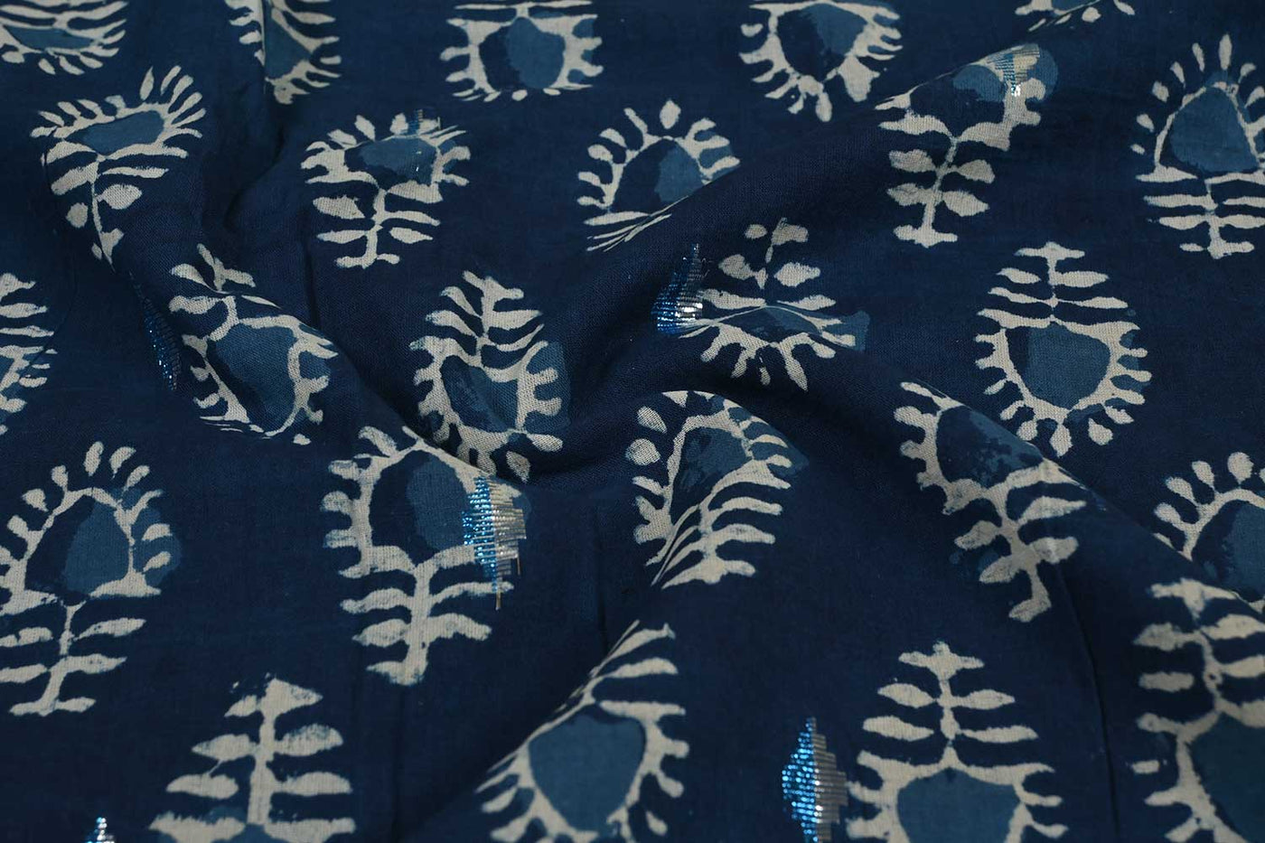 Blue & White Motifs Cotton Cambric Lurex Fabric