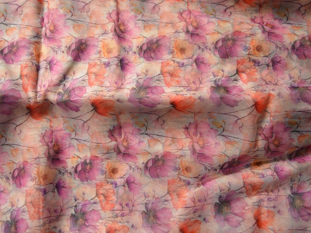 Peach Floral Digital Printed Liquid Organza Fabric