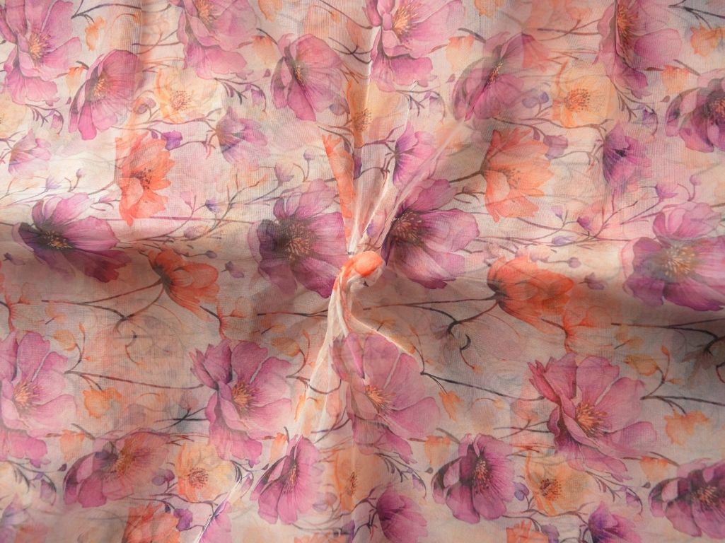 Peach Floral Digital Printed Liquid Organza Fabric