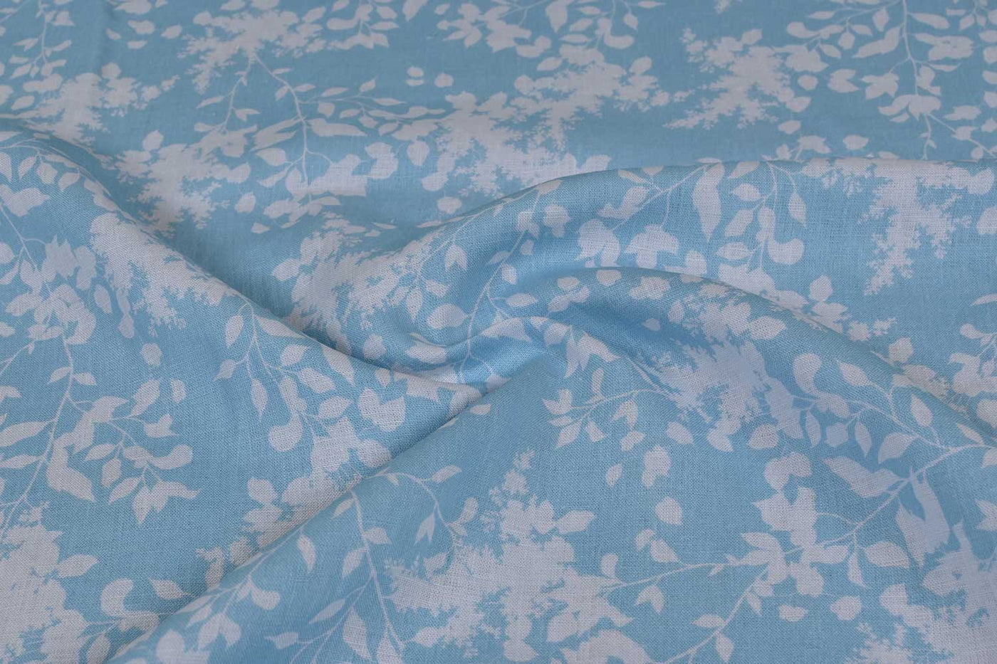 Light Blue & White Floral Printed Linen Fabric