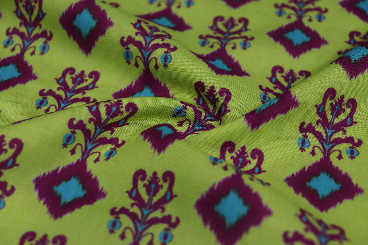 Pale Green Motifs Printed Cotton Linen Slub Fabric