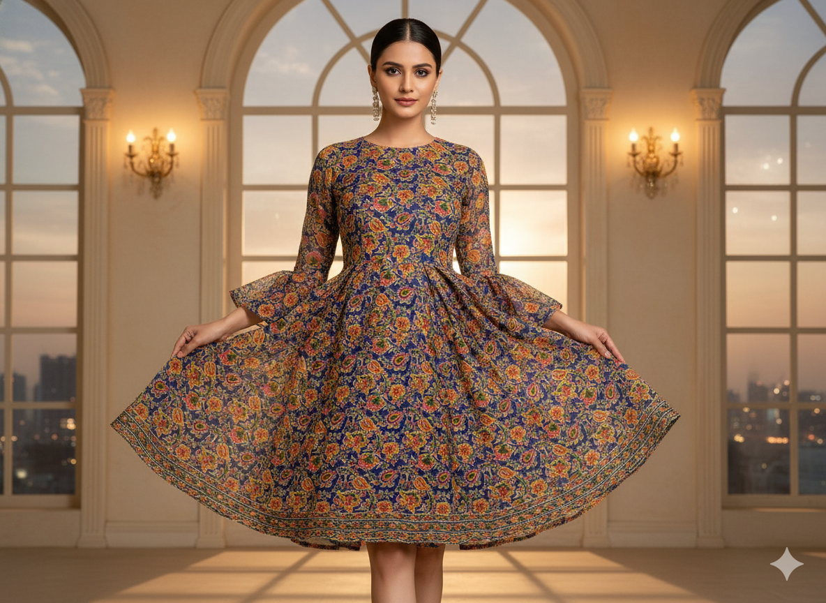 Blue Floral 100% Pure Cotton Handblocked Kalamkari Fabric