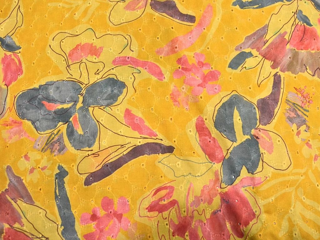 Yellow 100 % Pure Cotton Chikan Embroidered Fabric
