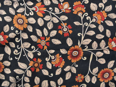 Dark Blue Floral Semi Pashmina Wool Fabric