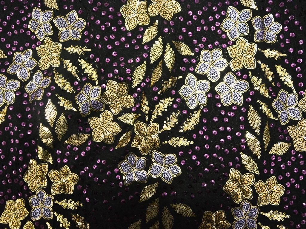 Black Dyed Viscose Georgette With Sequins Embroidered Fabric
