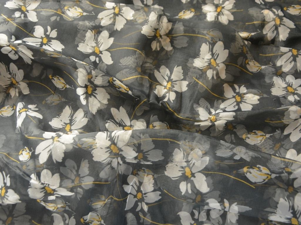 Gray Floral Digital Printed Liquid Organza Fabric