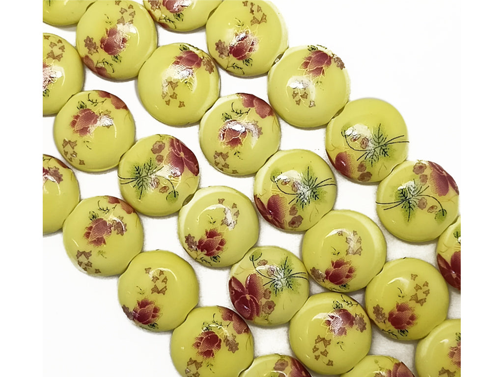 Dull Yellow Round Printed Ceramic Beads