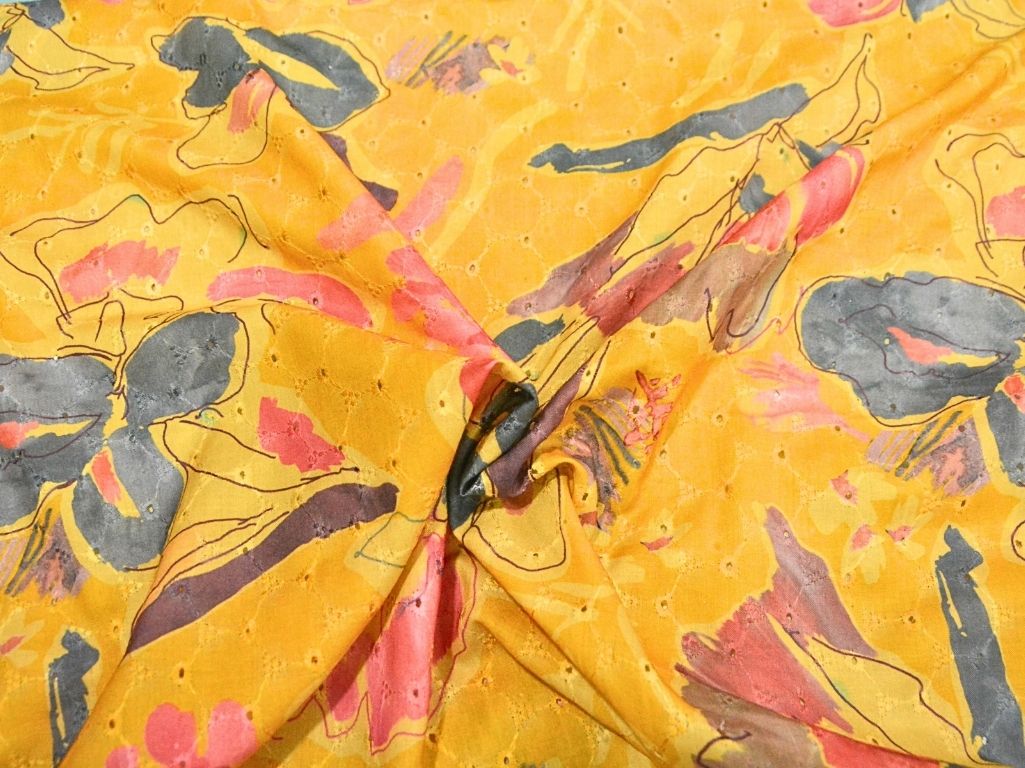 Yellow 100 % Pure Cotton Chikan Embroidered Fabric