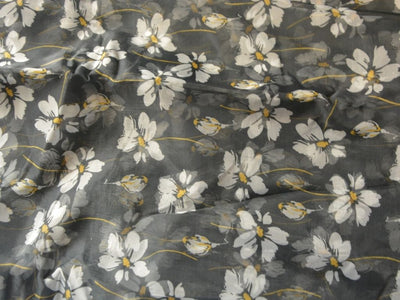 Gray Floral Digital Printed Liquid Organza Fabric