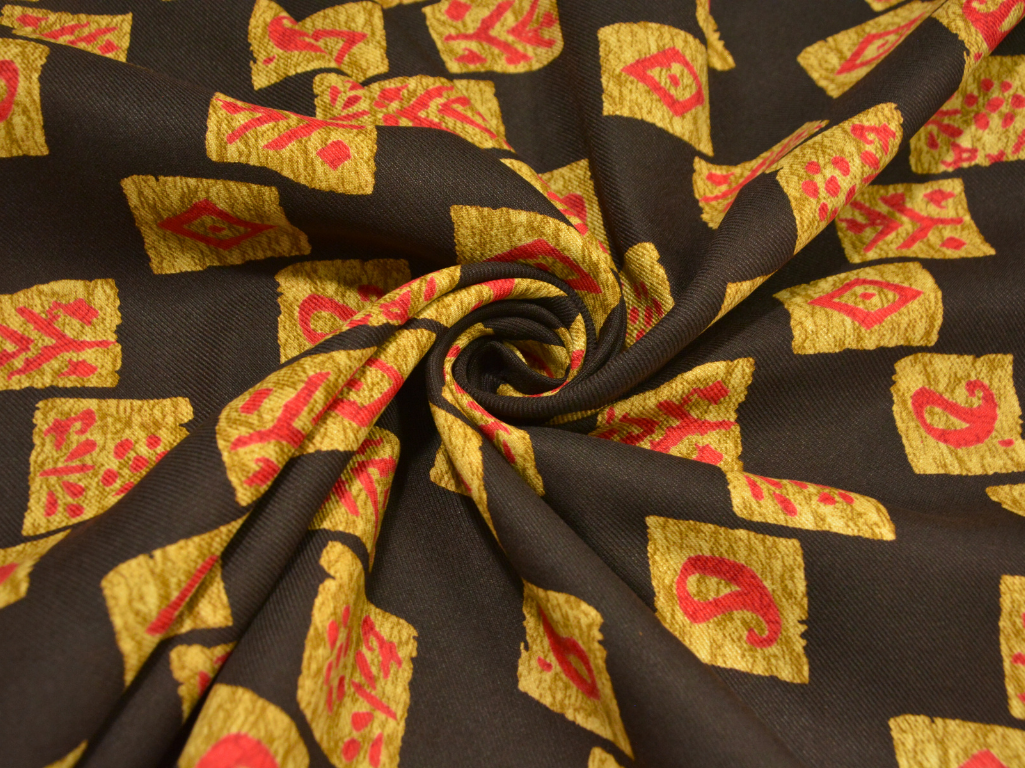 Black Traditonal Printed Semi Pashimna Woolen Fabric