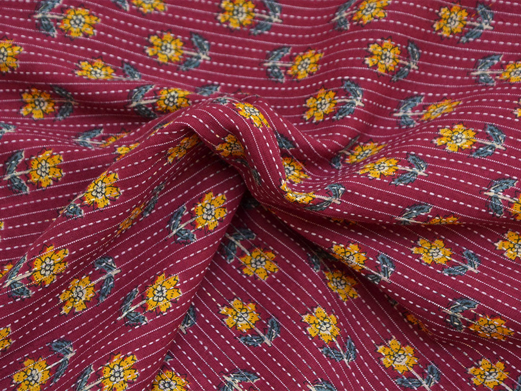Maroon Floral Pure Cotton Kantha Fabric