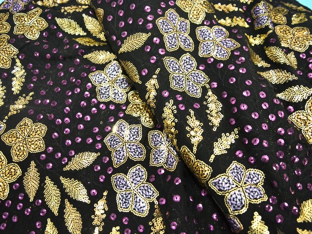 Black Dyed Viscose Georgette With Sequins Embroidered Fabric
