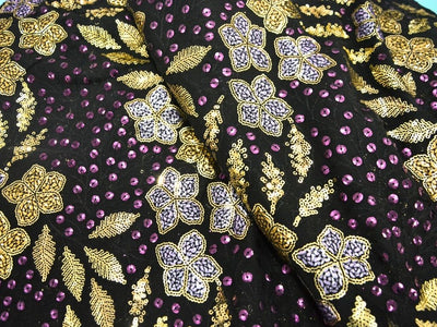 Black Dyed Viscose Georgette With Sequins Embroidered Fabric