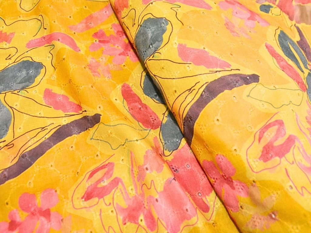 Yellow 100 % Pure Cotton Chikan Embroidered Fabric