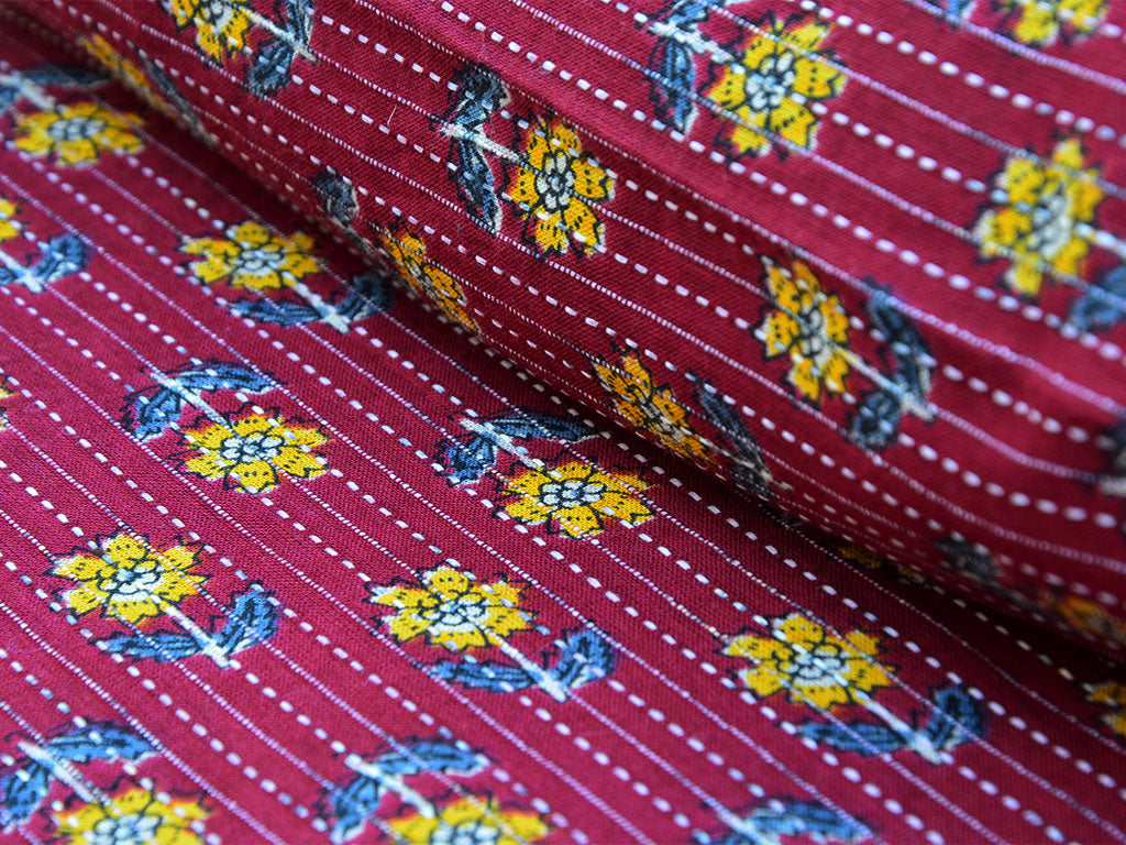 Maroon Floral Pure Cotton Kantha Fabric
