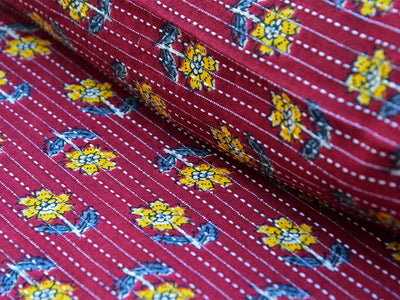 Maroon Floral Pure Cotton Kantha Fabric