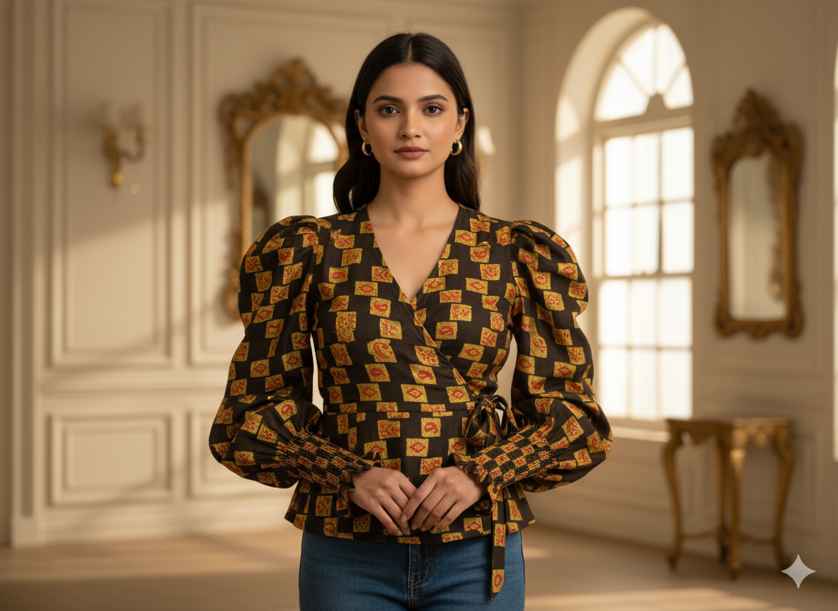 Black Traditonal Printed Semi Pashimna Woolen Fabric