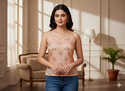 पीच मेटैलिक सेक्विन कढ़ाई मलाई साटन कपड़ा