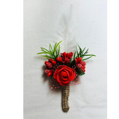 Red & White Faux Feather Flower Brooch