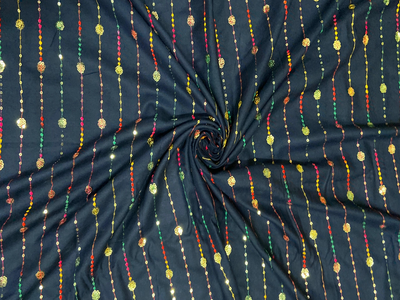 Midnight Blue Luxuries Embroidery Work Cotton Rayon Fabric