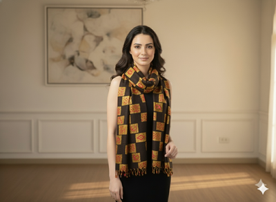 Black Traditonal Printed Semi Pashimna Woolen Fabric