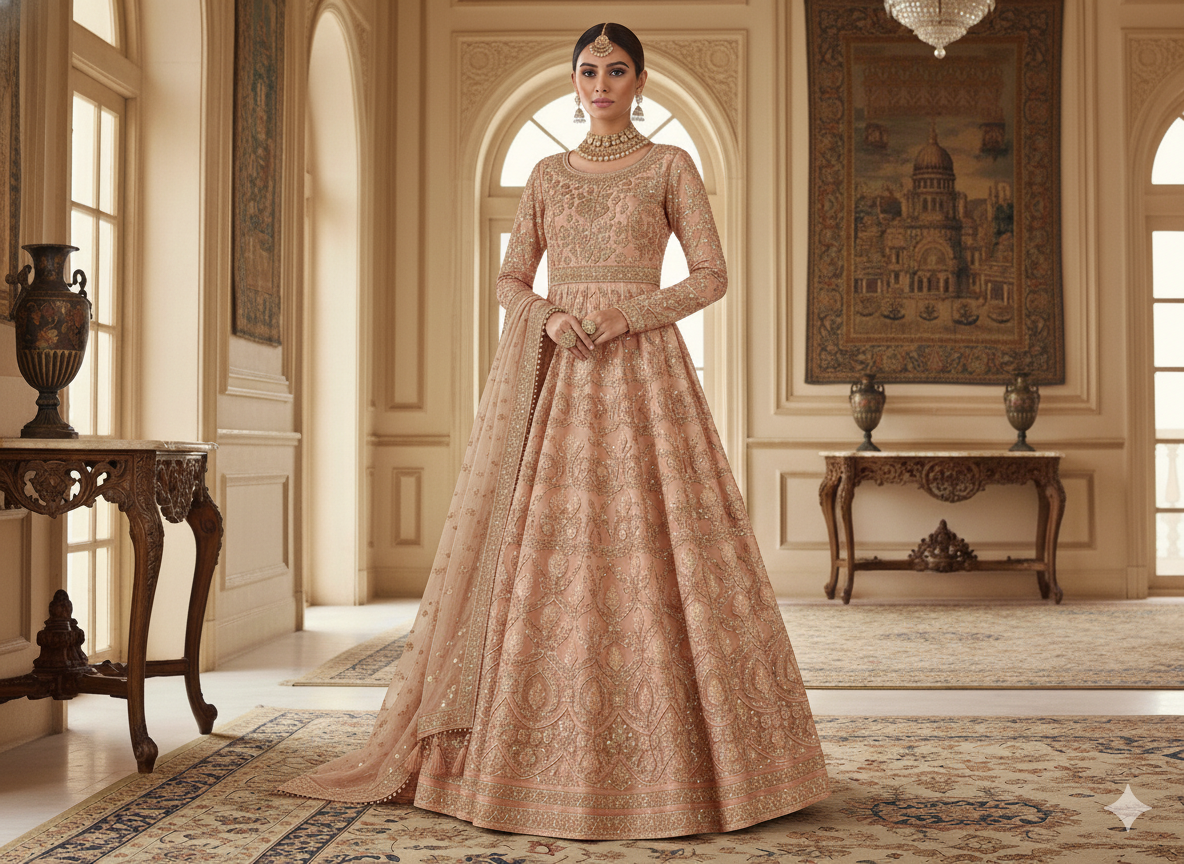 पीच मेटैलिक सेक्विन कढ़ाई मलाई साटन कपड़ा