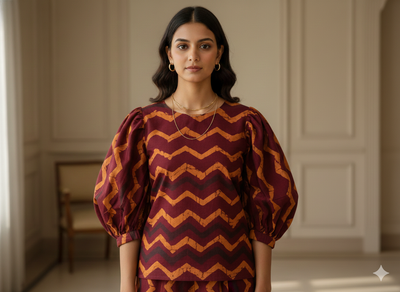 मैरून शेवरॉन शुद्ध सूती कपड़ा