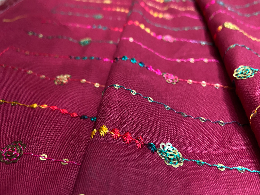 Deep Burgundy Luxuries Embroidery Work Cotton Rayon Fabric