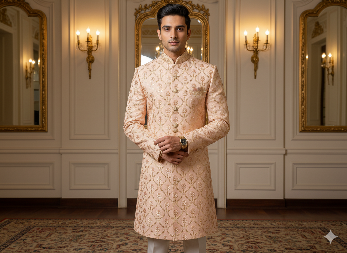 पीच मेटैलिक सेक्विन कढ़ाई मलाई साटन कपड़ा