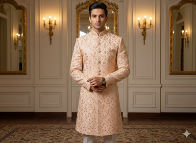 पीच मेटैलिक सेक्विन कढ़ाई मलाई साटन कपड़ा