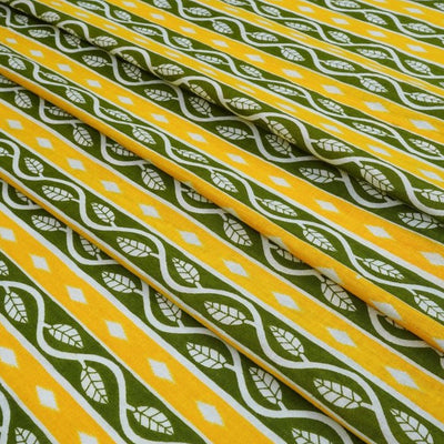 Olive & Yellow Stripes Printed Pure Cotton Fabric