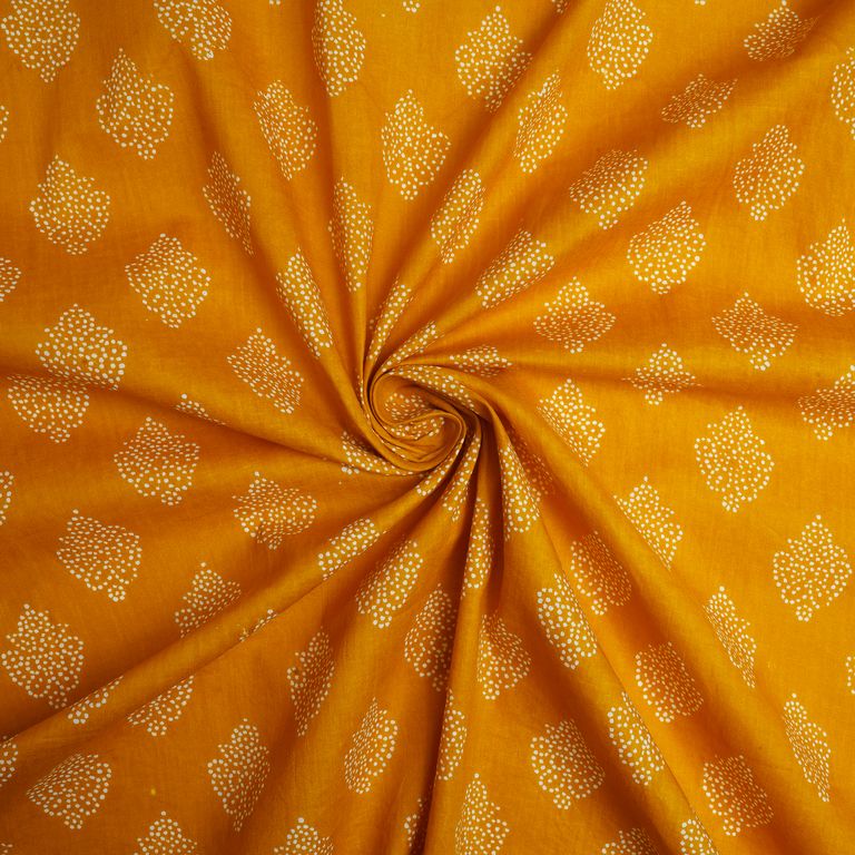 Mustard & White Motifs Printed Pure Cotton Fabric