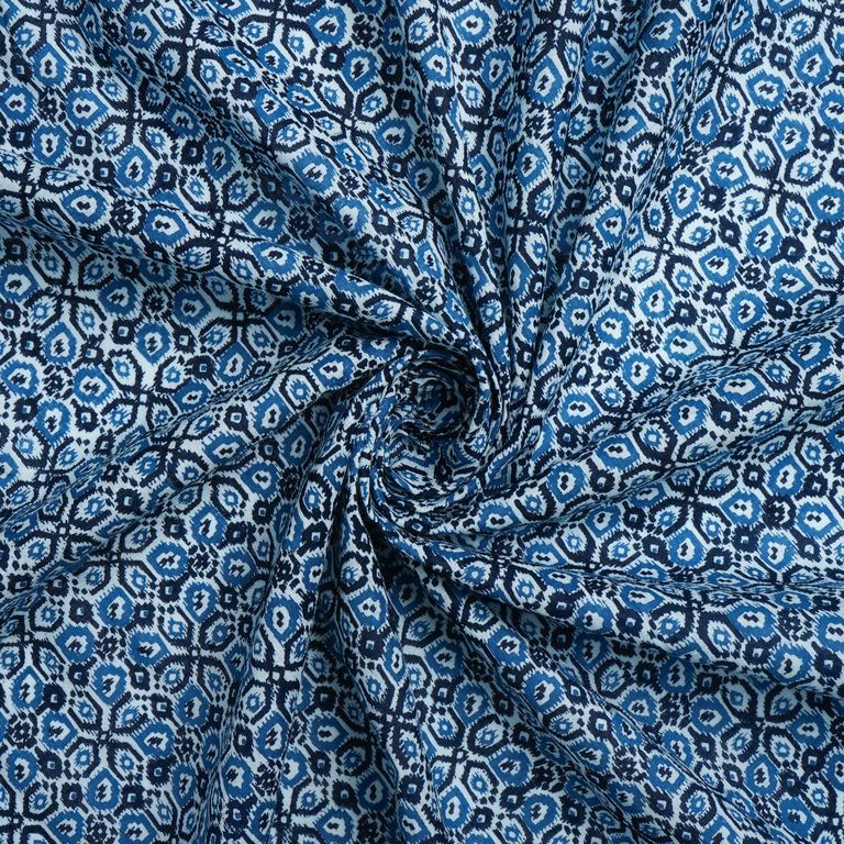 Navy Blue & White Abstract Printed Pure Cotton Fabric