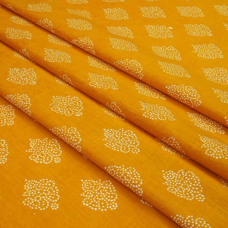 Mustard & White Motifs Printed Pure Cotton Fabric