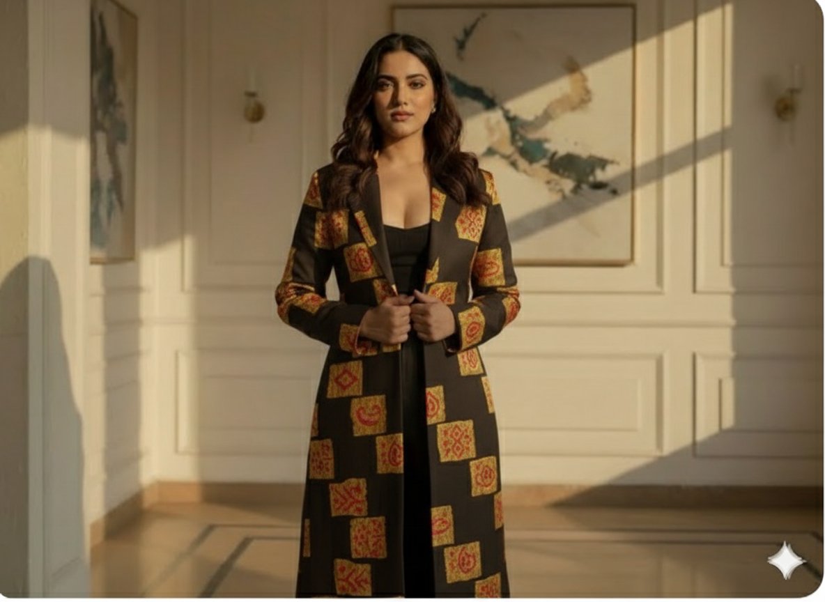 Black Traditonal Printed Semi Pashimna Woolen Fabric