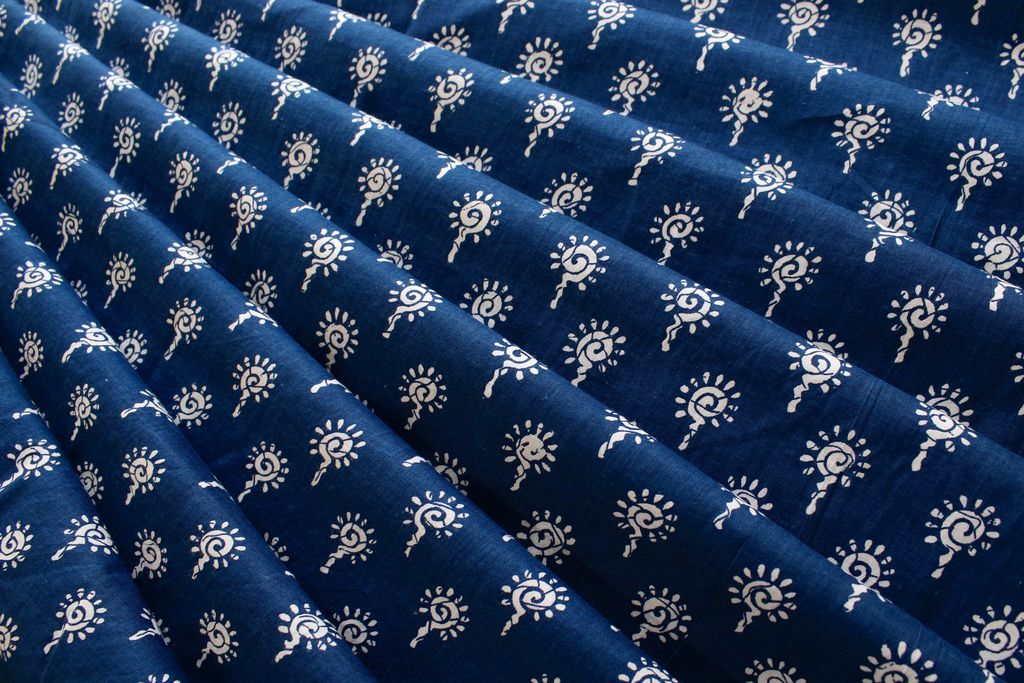 Navy Blue & White Motifs Printed Pure Cotton Fabric