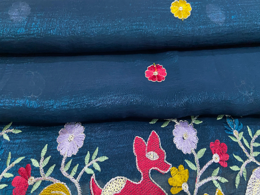 Luxuries Balma Daman Petrol Blue Tissue Silk Fabric