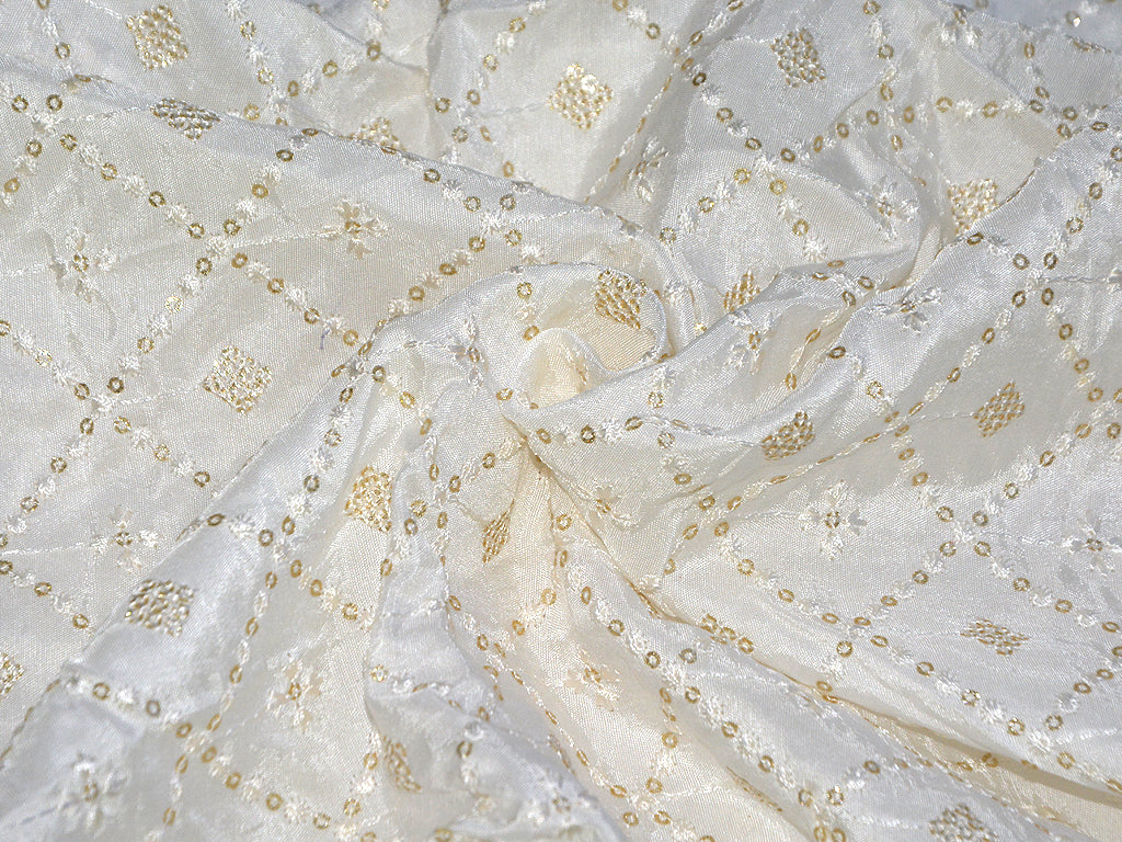 Precut Of 1 Meters Of White Geometric Dyeable Lakhnavi Embroidered Viscose Dola Silk Fabric