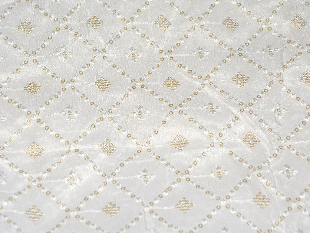 Precut Of 1 Meters Of White Geometric Dyeable Lakhnavi Embroidered Viscose Dola Silk Fabric