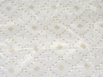 Precut Of 1 Meters Of White Geometric Dyeable Lakhnavi Embroidered Viscose Dola Silk Fabric