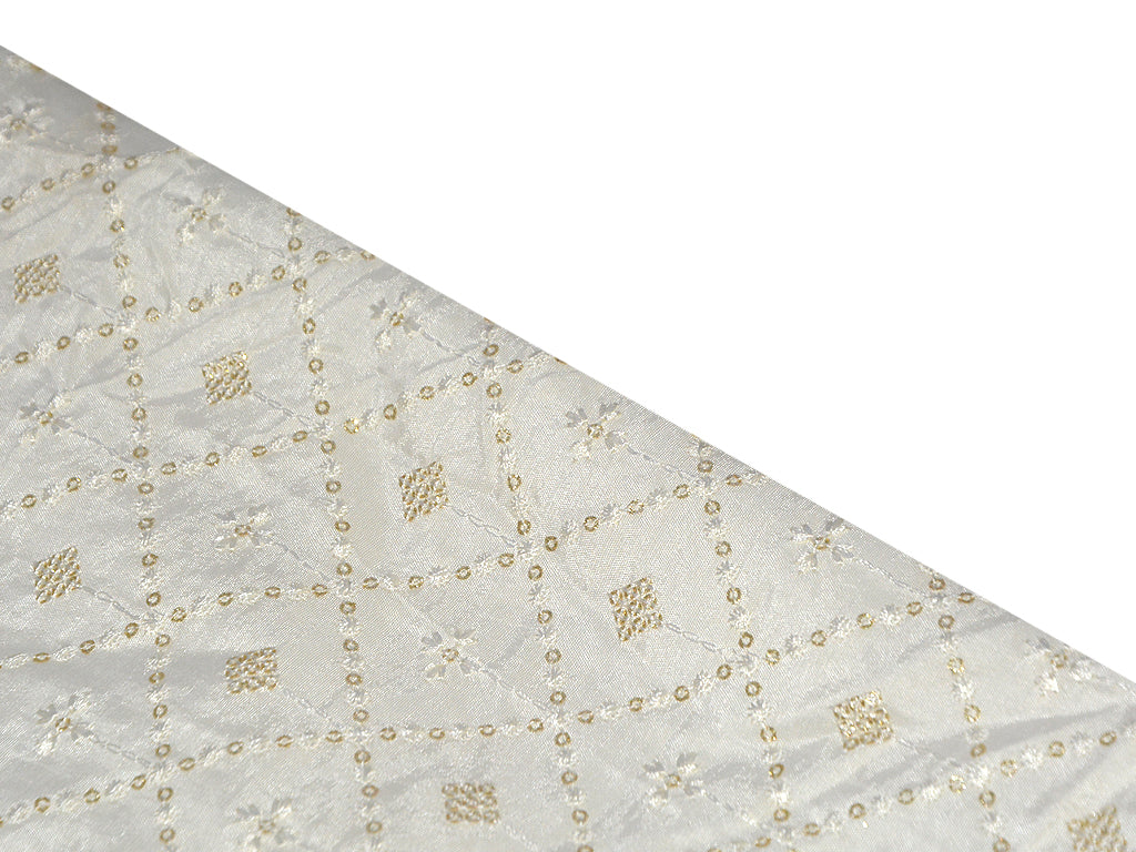 Precut Of 1 Meters Of White Geometric Dyeable Lakhnavi Embroidered Viscose Dola Silk Fabric