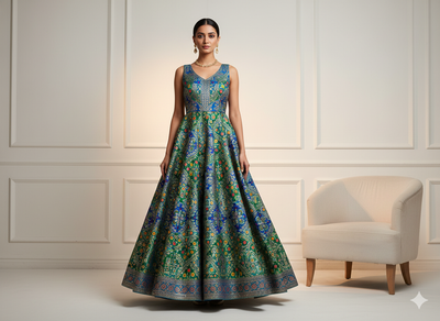 नीला और हरा ज्यामितीय मुद्रित जैक्वार्ड कपड़ा