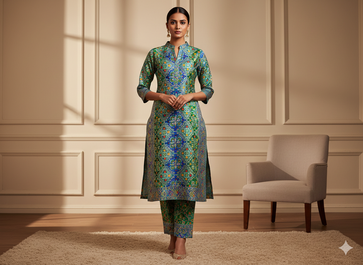 नीला और हरा ज्यामितीय मुद्रित जैक्वार्ड कपड़ा