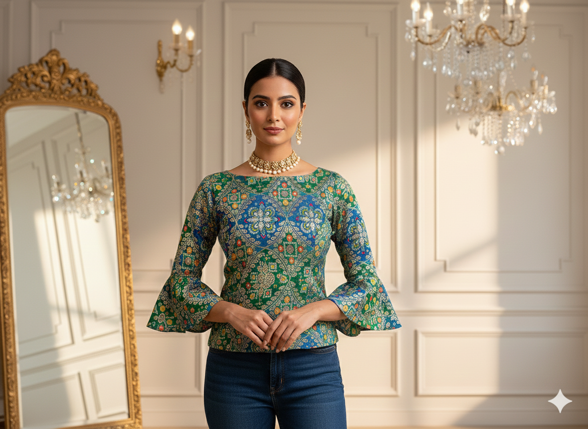 नीला और हरा ज्यामितीय मुद्रित जैक्वार्ड कपड़ा