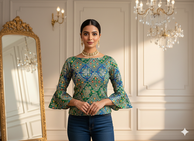 नीला और हरा ज्यामितीय मुद्रित जैक्वार्ड कपड़ा