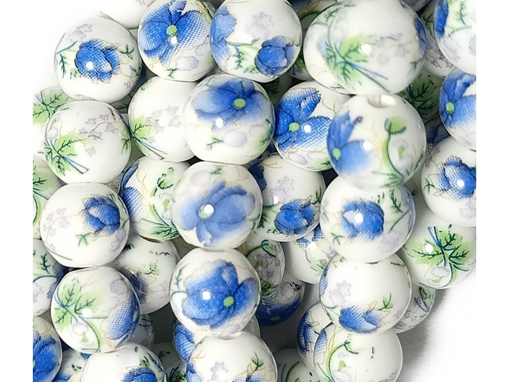 White & Blue Printed Spherical Ceramic Beads