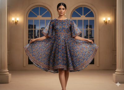 Blue Floral 100% Pure Cotton Handblocked Kalamkari Fabric