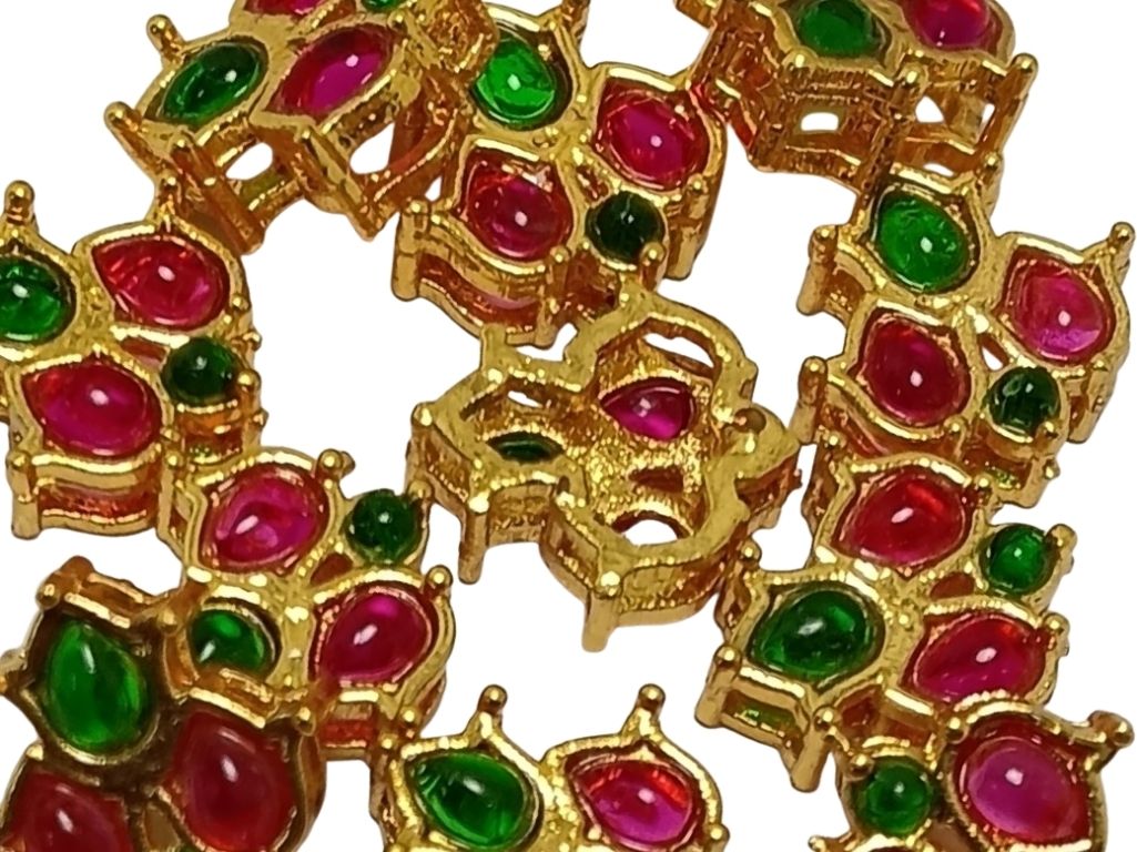 Red & Green Triangular Meena Kundan Stones